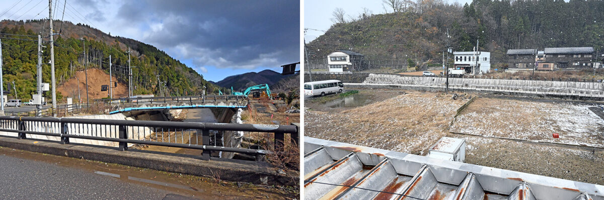 豪雨から1年以上が経過した町野の風景。スーパーのすぐ横を流れる河川は復旧工事が進められているが多くの部分は土嚢が積まれた状態で、土砂崩れで露になった山肌も痛々しい