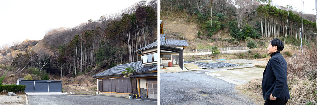 家屋の背後にある山が地震で崩れ、9月の豪雨でさらに崩れ、右手にあった建物は土砂に埋まってしまい解体した