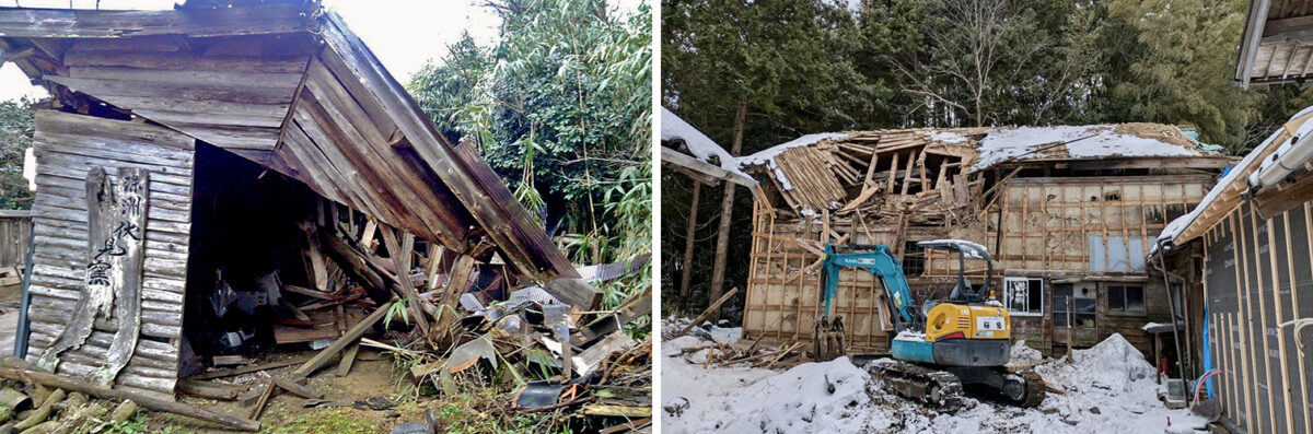 左)窯場では屋根が崩れ落ちて窯も損傷 右)作陶していた工房の建物は被害が大きく解体した