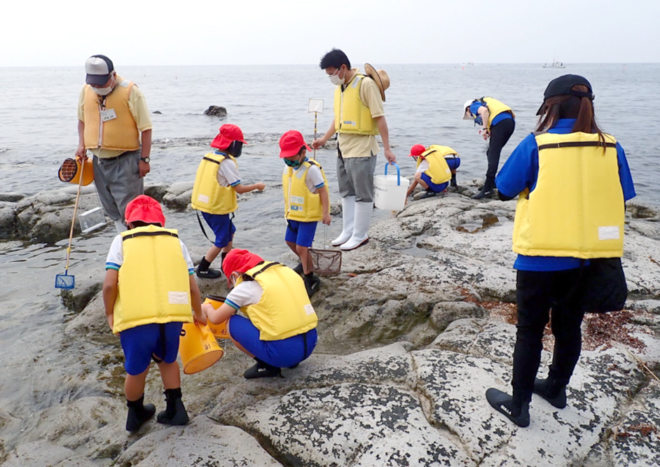 地元の海で磯観察をする小木小学校の生徒たち(撮影:2021年6月 能登里海教育研究所提供)