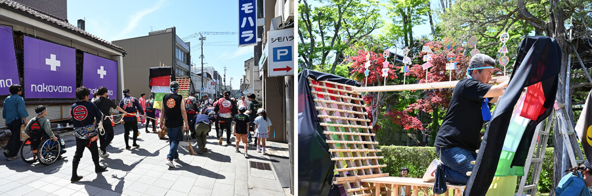 青柏祭(せいはくさい)では祭りの花形・木遣り衆として「でか山」の台に上り、曳き出しや辻回しなどの見せ場で伝統の木遣り唄を披露する明能さん。2024年は震災で「でか山」の巡行がなくなったが、ミニサイズの「でか山」を作り、子どもたちが曳き回すイベントが開催され、その裏方として汗を流した
