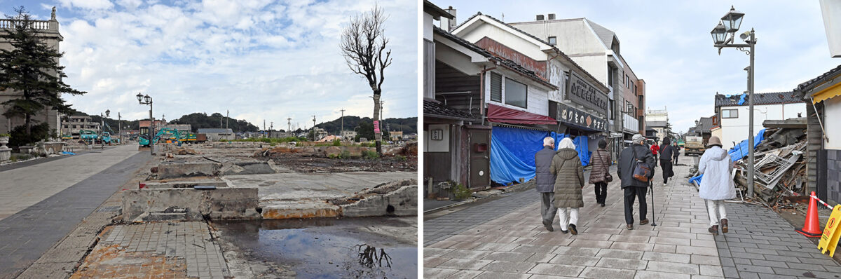 更地になった輪島市河井町本町の朝市通りで、バスツアーの団体客を案内する富水さん（2025年1月撮影）