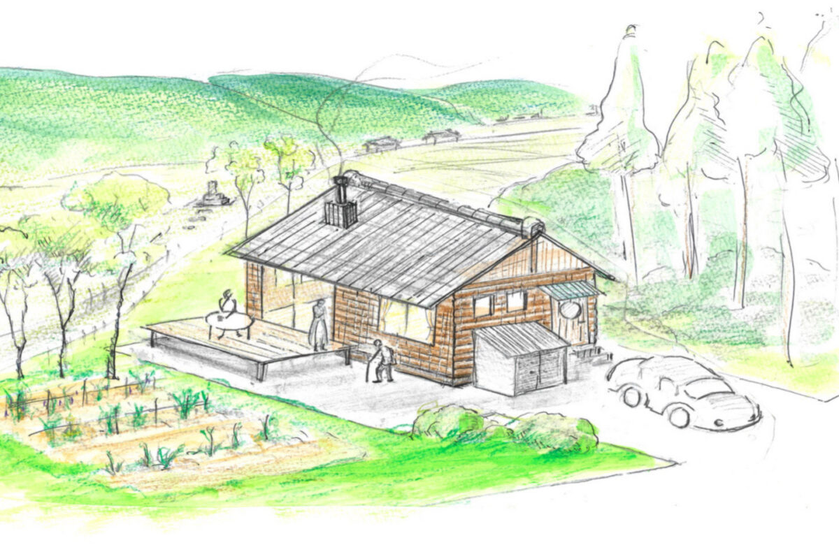 ログハウスを自力建設して安価に再建する被災住宅のイメージ(“「家(うち)建てっぞぉ〜」プロジェクト”提供)